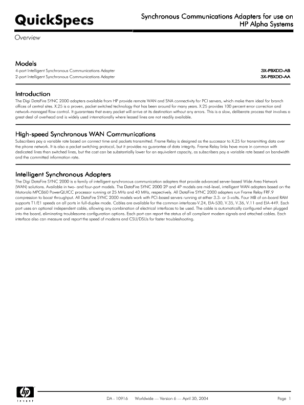 Synchronous Communications Adapters for use on HP Alpha Systems thumbnail