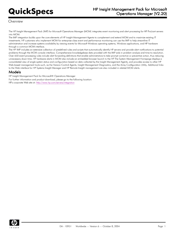 HP Insight Management Pack for Microsoft Operations Manager (V2.20) thumbnail