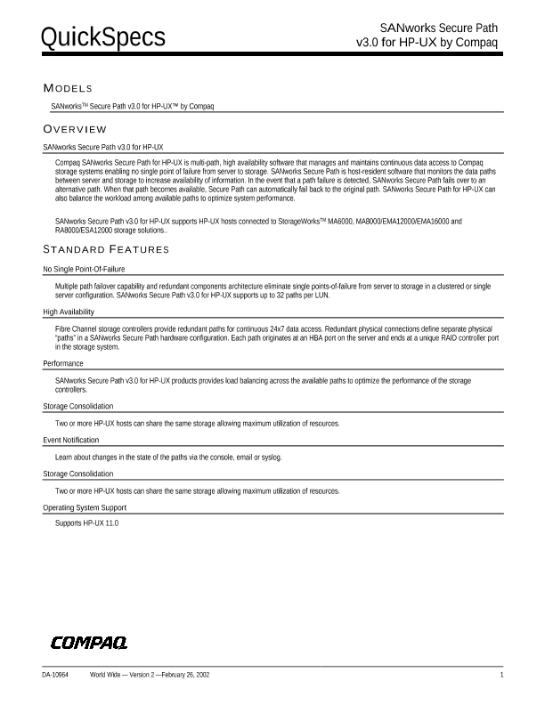 SANworks Secure Path v3.0 for HP-UX by Compaq thumbnail