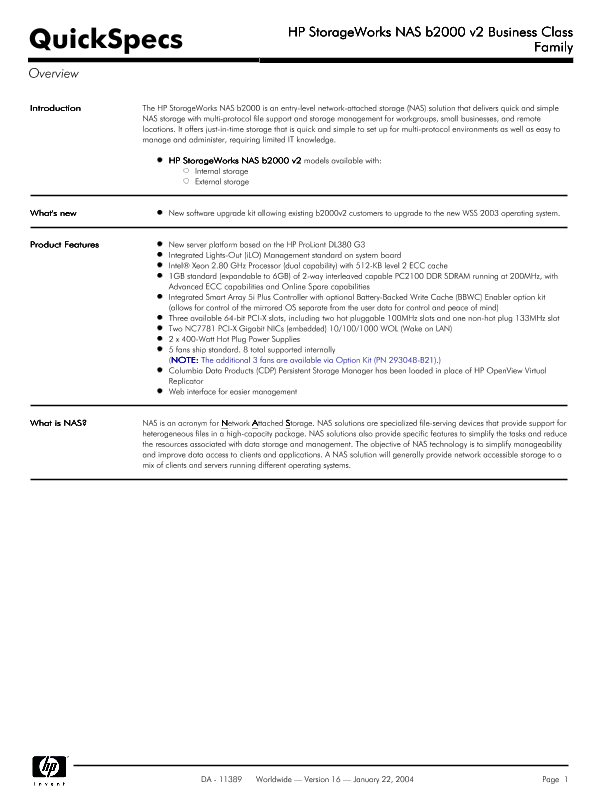 HP StorageWorks NAS b2000 v2 Business Class Family thumbnail