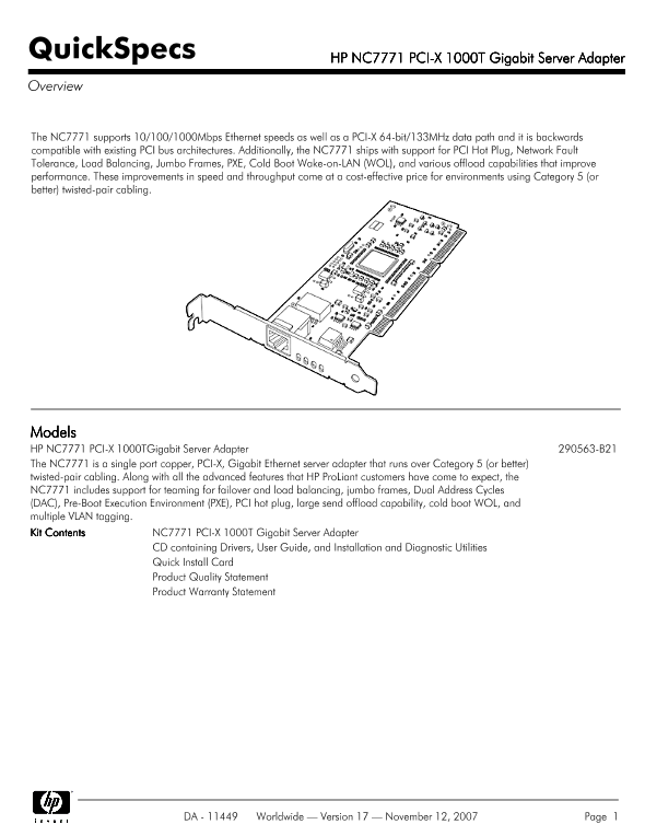 HP NC7771 PCI-X 1000T Gigabit Server Adapter thumbnail