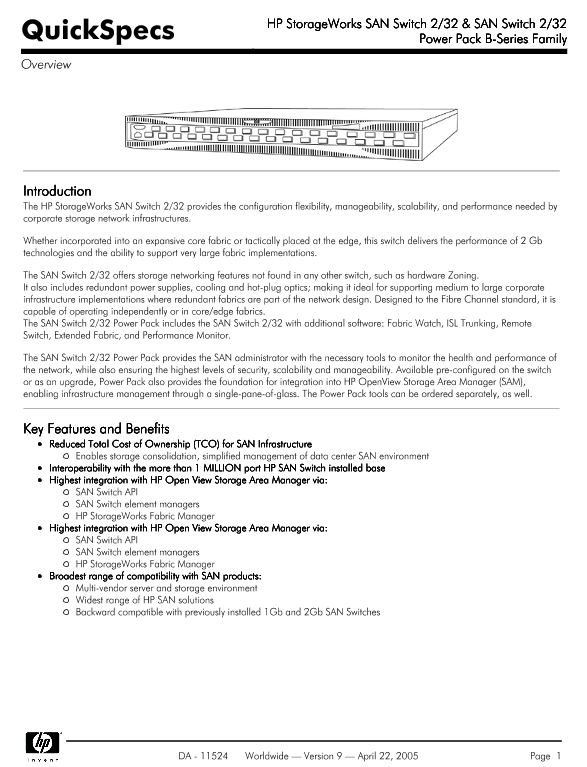 HP StorageWorks SAN Switch 2/32 & SAN Switch 2/32 Power Pack B-Series Family thumbnail