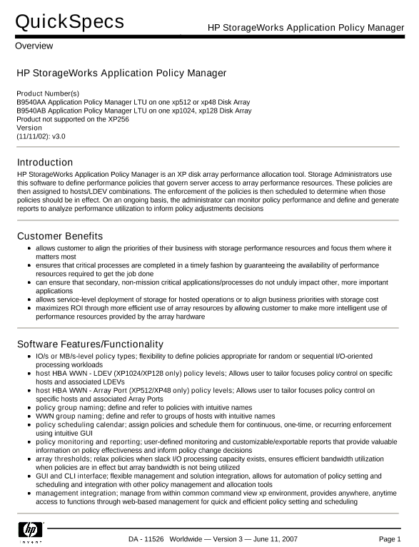 HP StorageWorks Application Policy Manager thumbnail