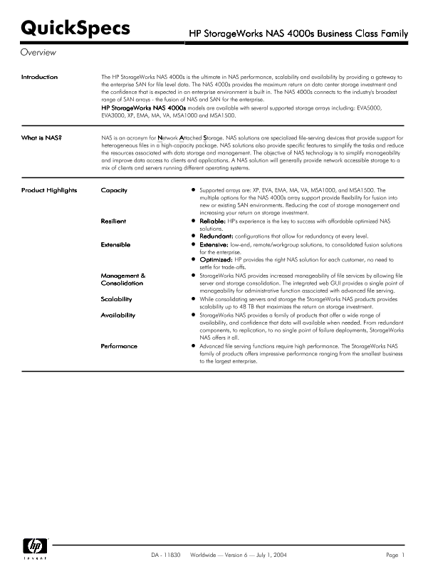 HP StorageWorks NAS 4000s Business Class Family thumbnail