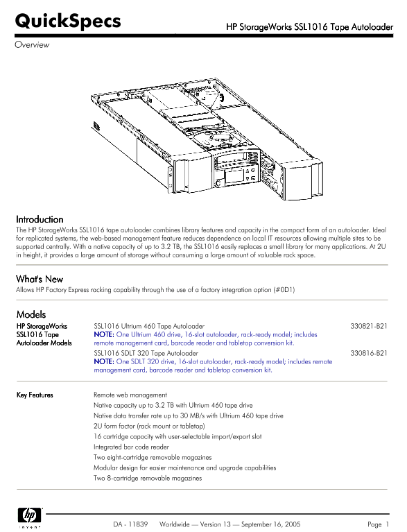 HP StorageWorks SSL1016 Tape Autoloader thumbnail