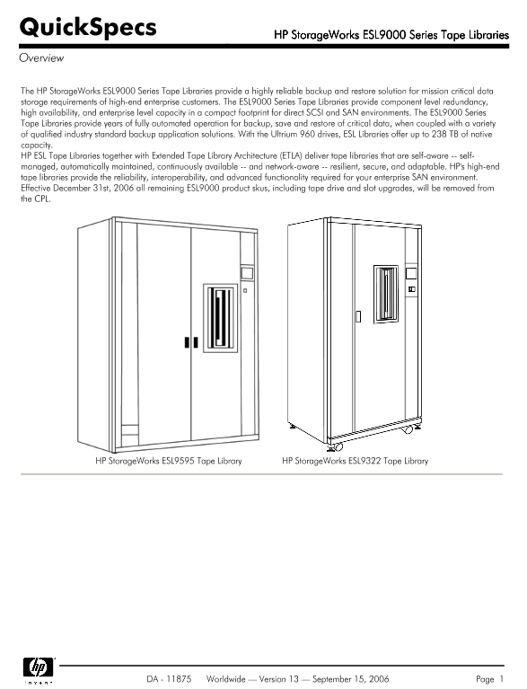 HP StorageWorks ESL9000 Series Tape Libraries thumbnail