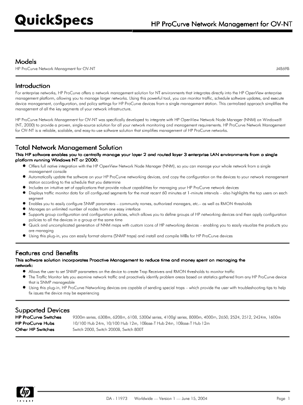 HP ProCurve Network Management for OV-NT thumbnail