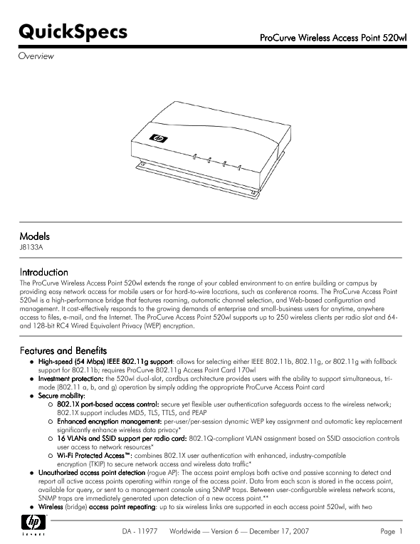 ProCurve Wireless Access Point 520wl thumbnail