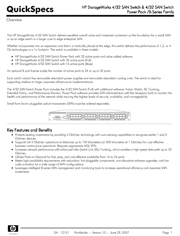 HP StorageWorks 4/32 SAN Switch & 4/32 SAN Switch Power Pack /B-Series Family thumbnail
