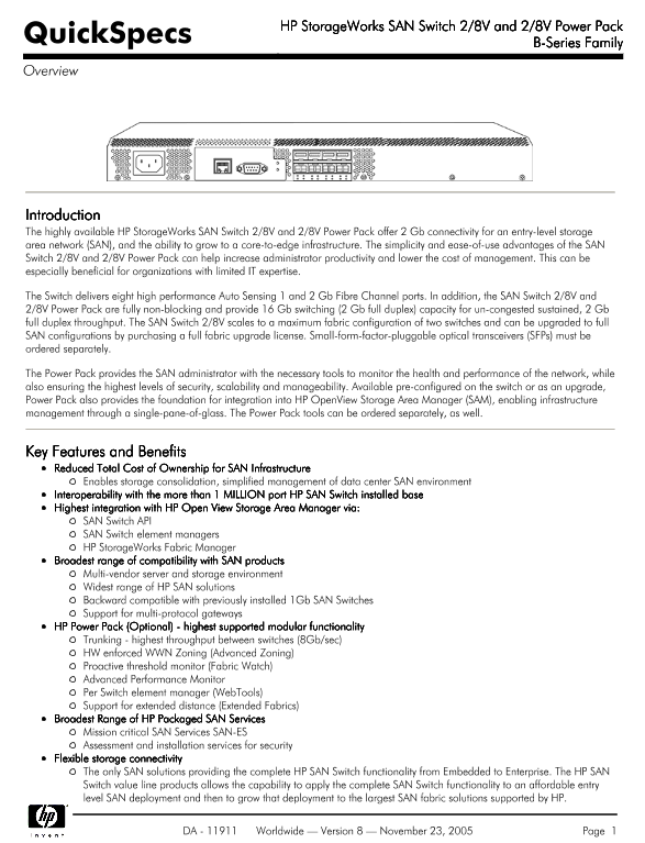 HP StorageWorks SAN Switch 2/8V and 2/8V Power Pack thumbnail