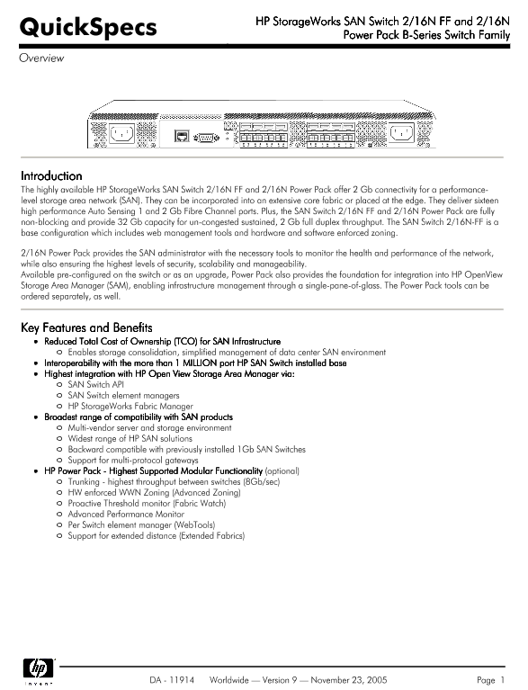 HP StorageWorks SAN Switch 2/16N FF and 2/16N Power Pack thumbnail