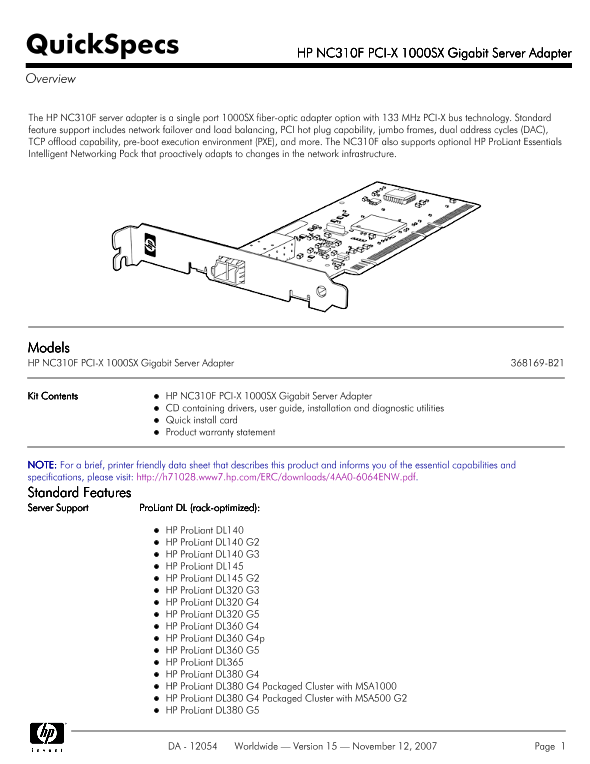 HP NC310F PCI-X 1000SX Gigabit Server Adapter thumbnail