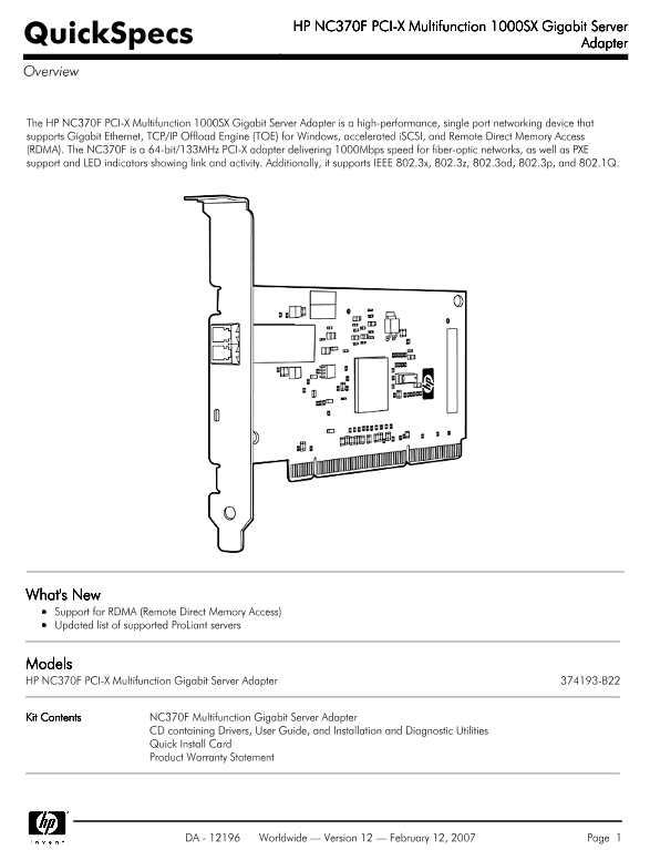 HP NC370F PCI-X Multifunction 1000SX Gigabit Server Adapter thumbnail