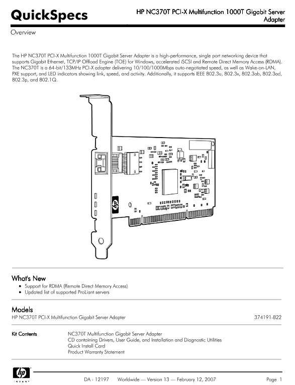 HP NC370T PCI-X Multifunction 1000T Gigabit Server Adapter thumbnail