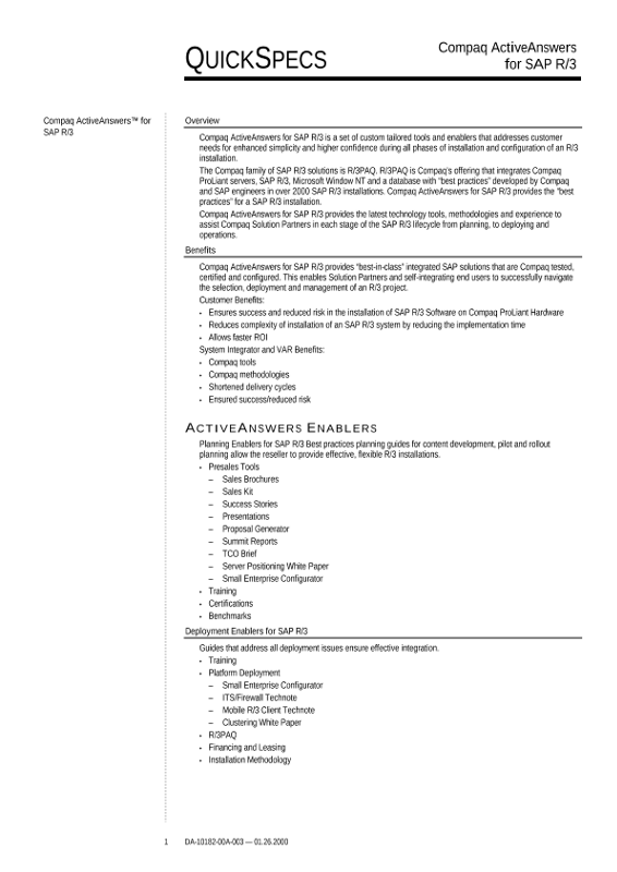 Compaq ActiveAnswers for SAP R/3 thumbnail