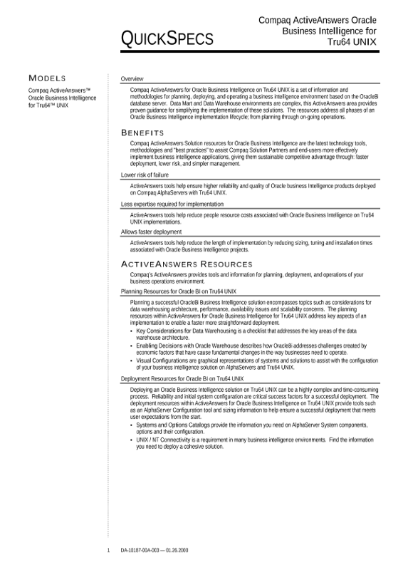 Compaq ActiveAnswers for Oracle Business Intelligence for Tru64 Unix thumbnail