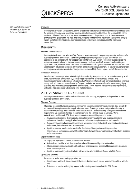 Compaq ActiveAnswers for Microsoft SQL Server for Business Operations thumbnail