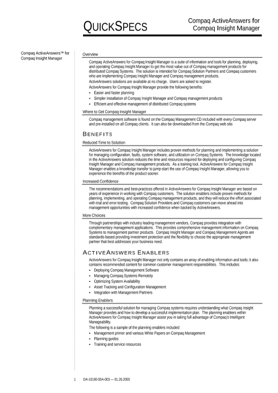 Compaq ActiveAnswers for Compaq Insight Manager thumbnail