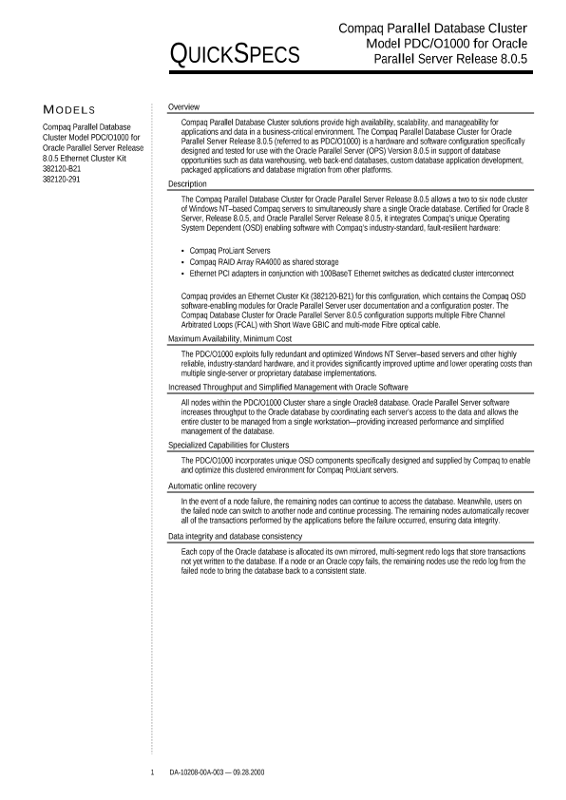 Compaq Parallel Database Cluster Model PDC/O1000 for Oracle Parallel Server 8.0.5 thumbnail