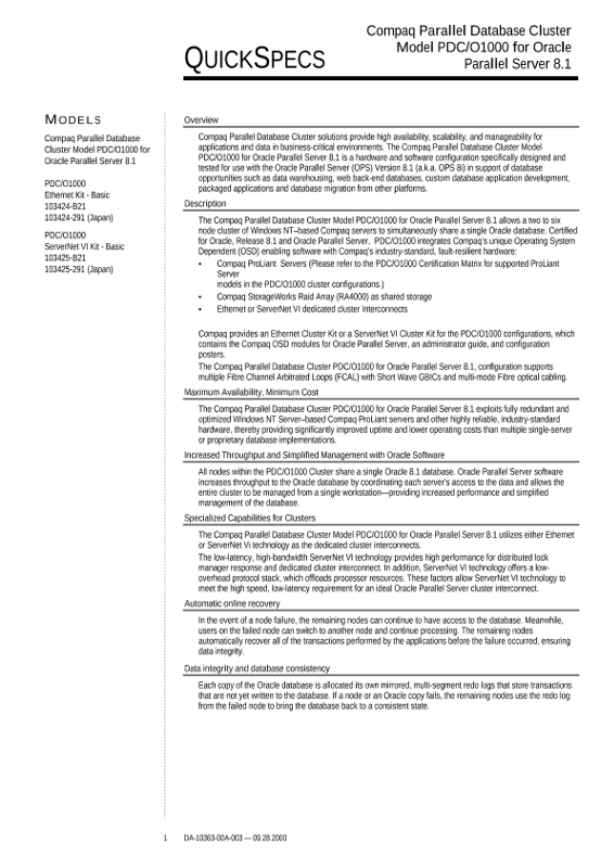 Compaq Parallel Database Cluster Model PDC/O1000 for Oracle Parallel Server 8.1 thumbnail