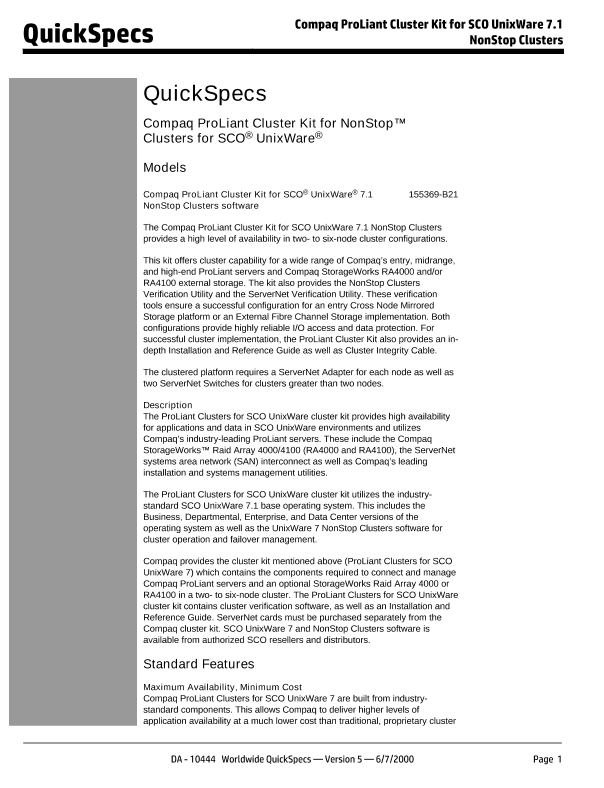Compaq ProLiant Cluster Kit for SCO UnixWare 7.1 NonStop Clusters thumbnail