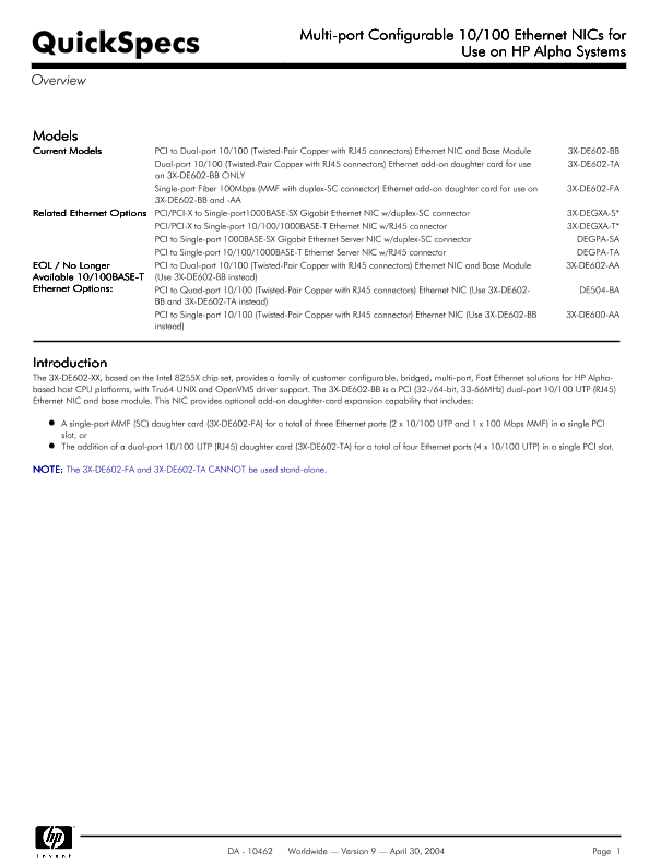 Multi-port Configurable 10/100 Ethernet NICs for Use on HP Alpha Systems thumbnail