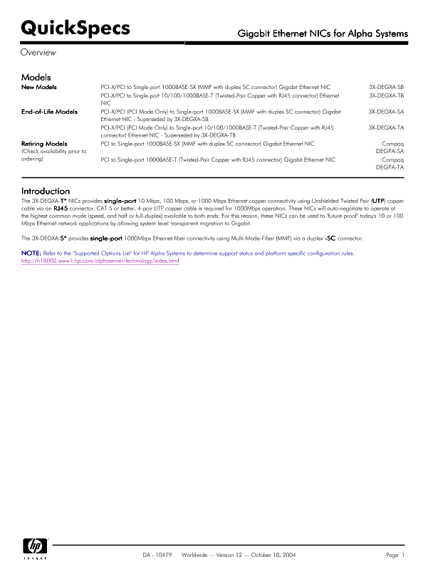 Gigabit Ethernet NICs for Alpha Systems thumbnail
