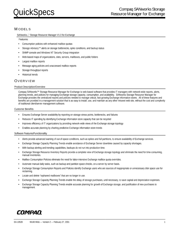 Compaq SANworks Storage Resource Manager for Exchange thumbnail