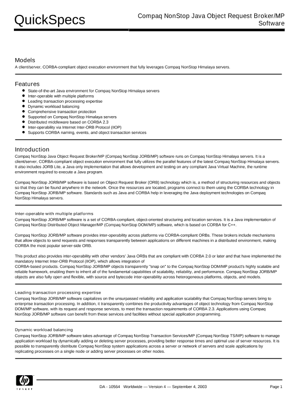 Compaq NonStop Java Object Request Broker/MP Software thumbnail