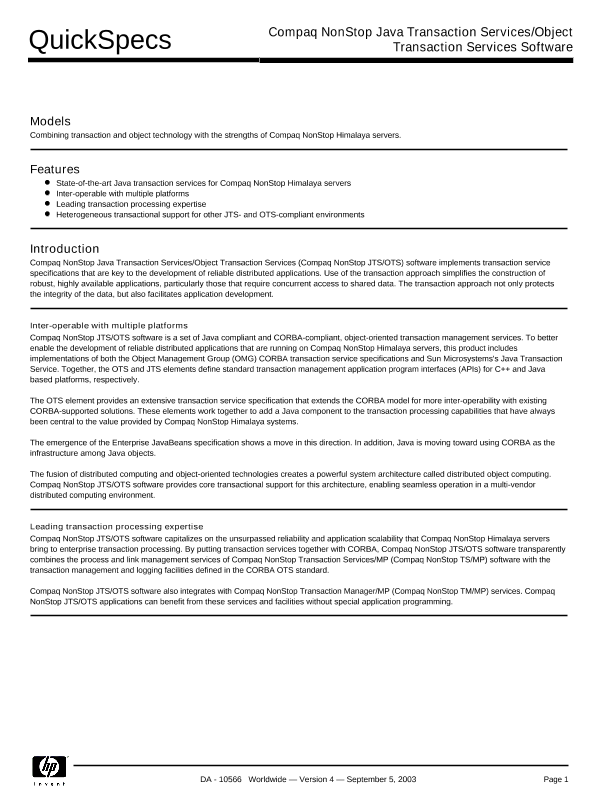 Compaq NonStop Java Transaction Services-Object Transaction Services Software thumbnail