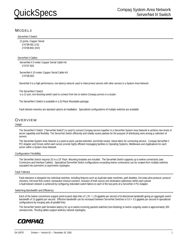 Compaq System Area Network ServerNet II Switch thumbnail