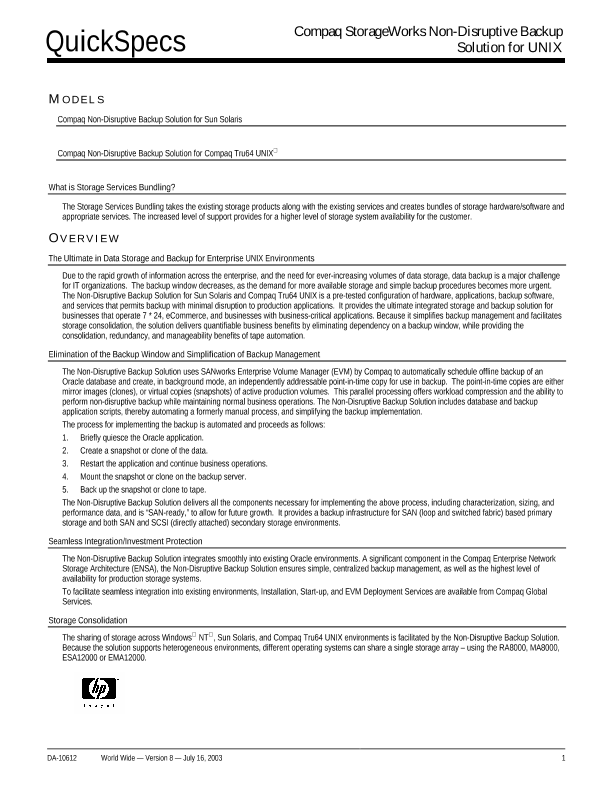 Compaq StorageWorks Non-Disruptive Backup Solution for UNIX thumbnail