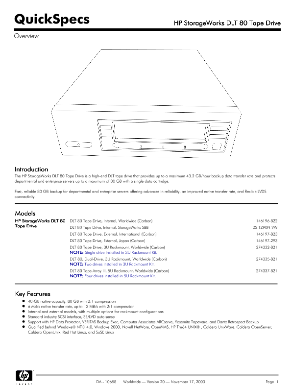 HP StorageWorks DLT 80 Tape Drive thumbnail