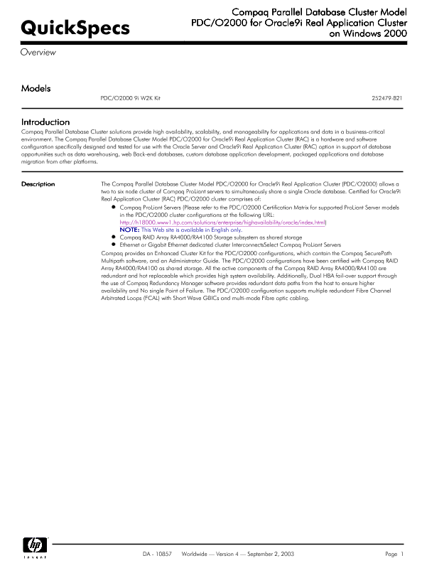 Compaq Parallel Database Cluster Model PDC/O2000 for Oracle9i Real Application Cluster on Windows 2000 thumbnail