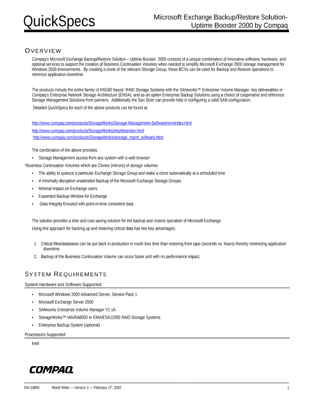 Microsoft Exchange - Backup-Restore Solution - Uptime Booster 2000 by Compaq thumbnail