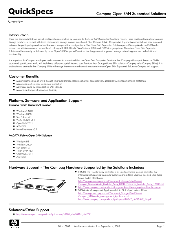 Compaq Open SAN Supported Solutions thumbnail