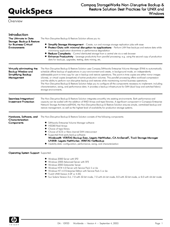 Compaq StorageWorks Non-Disruptive Backup & Restore Solution Best Practices for UNIX and Windows thumbnail