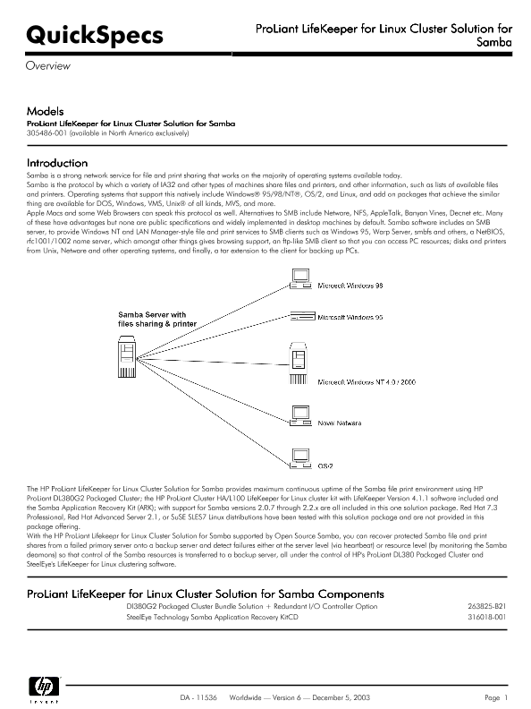 ProLiant LifeKeeper for Linux Cluster Solution for Samba thumbnail