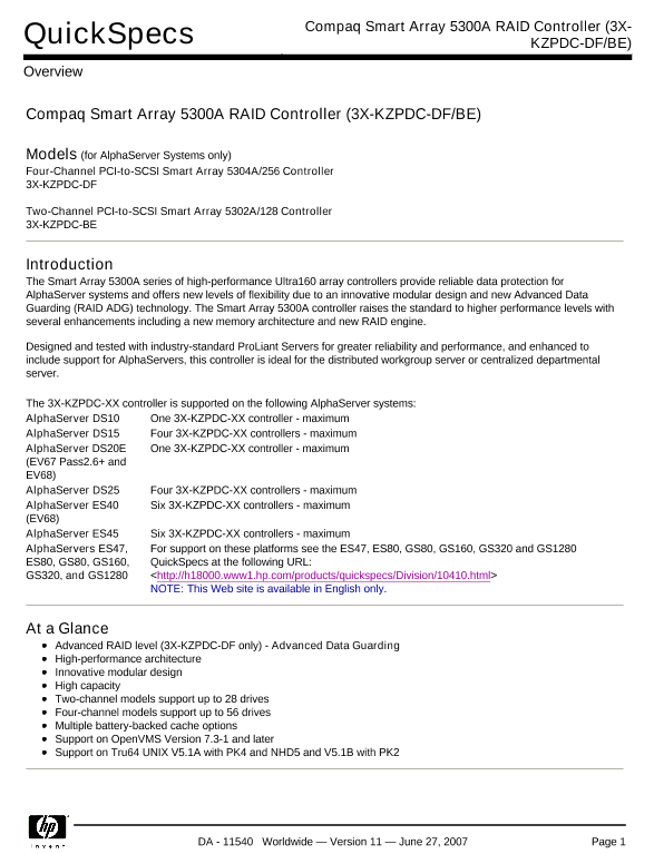 Compaq Smart Array 5300A RAID Controller (3X-KZPDC-DF/BE) thumbnail