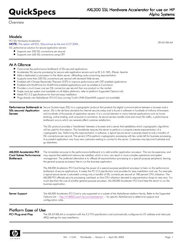 AXL300 SSL Hardware Accelerator for use on HP Alpha Systems thumbnail