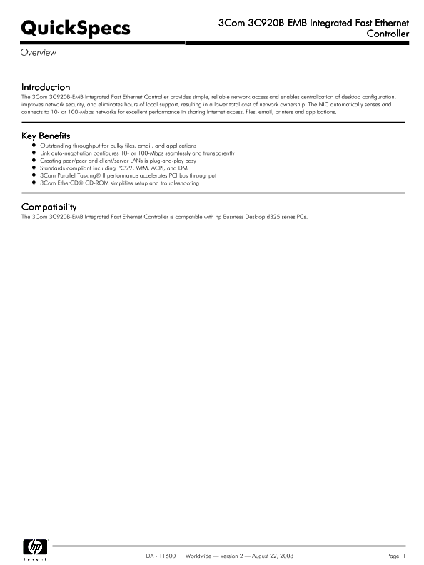 3Com 3C920B-EMB Integrated Fast Ethernet Controller thumbnail