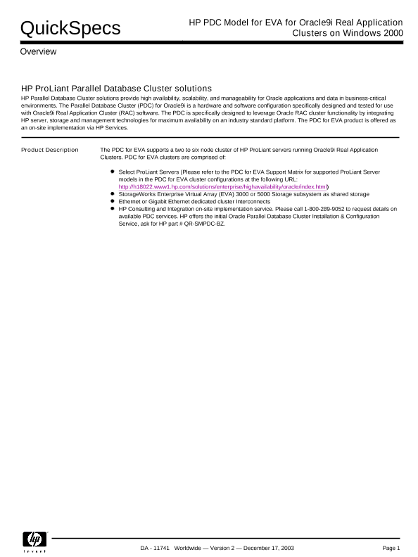 HP PDC Model for EVA for Oracle 9i Real Application Clusters on Windows 2000 thumbnail