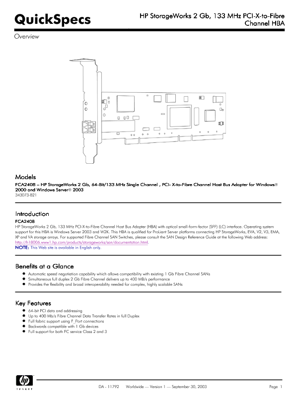 HP StorageWorks 2 Gb, 133MHz PCI-X-to-Fibre Channel HBA thumbnail