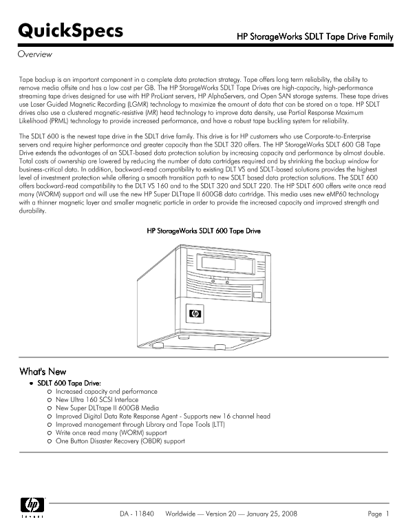 HP StorageWorks SDLT Tape Drive Family thumbnail