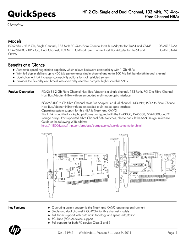HP 2 Gb, Single and Dual Channel, 133 MHz, PCI-X-to-Fibre Channel HBAs thumbnail