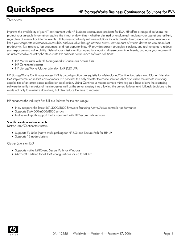 HP StorageWorks Business Continuance Solutions for EVA thumbnail