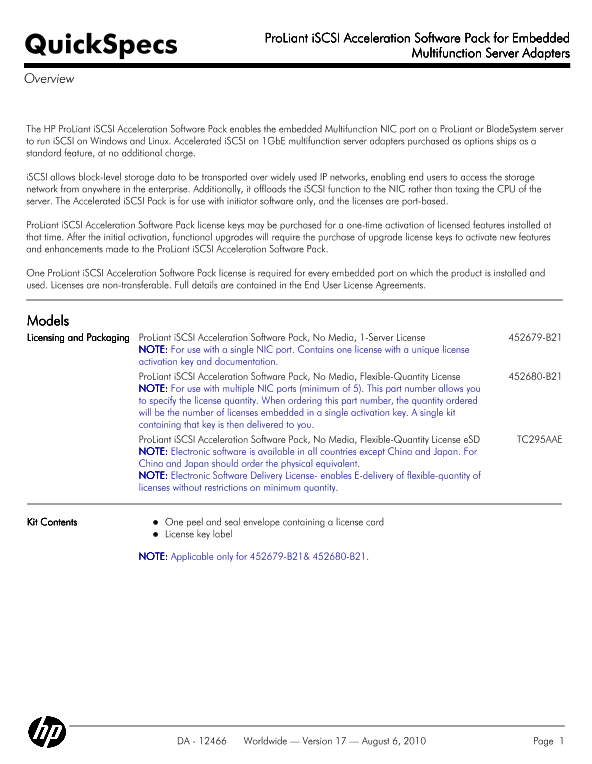ProLiant iSCSI Acceleration Software Pack for Embedded Multifunction Server Adapters thumbnail