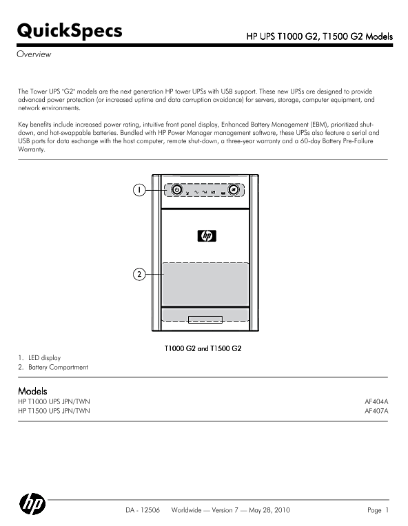 HP UPS T1000 G2, T1500 G2 Models thumbnail