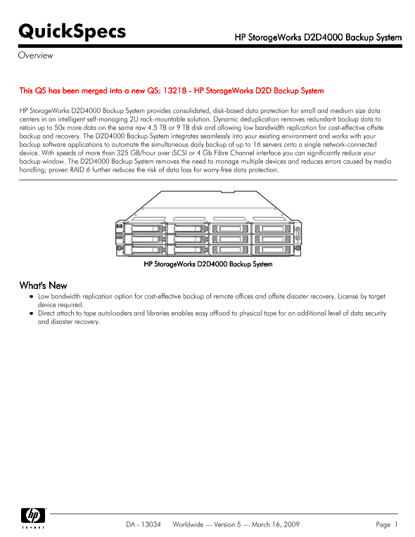 HP StorageWorks D2D4000 Backup System thumbnail