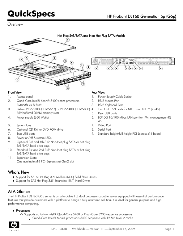 HP ProLiant DL160 Generation 5p (G5p) thumbnail
